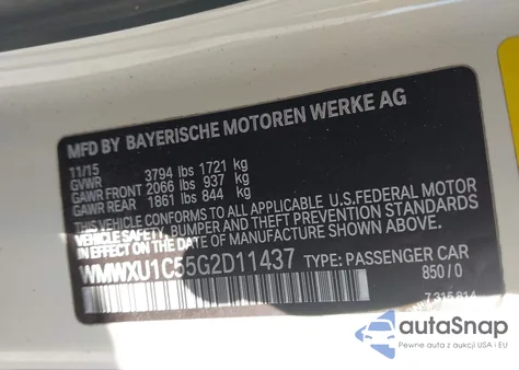 2016 Mini Hardtop Cooper z USA, uszkodzony, nr VIN WMWXU1C55G2D11437